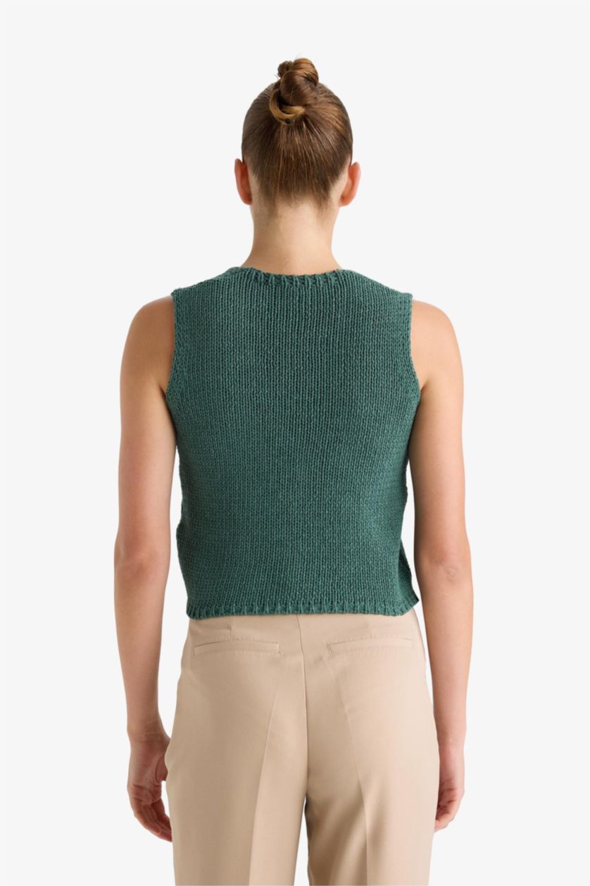 Kadın Yeşil Fitted V Yaka Düğmeli Süveter