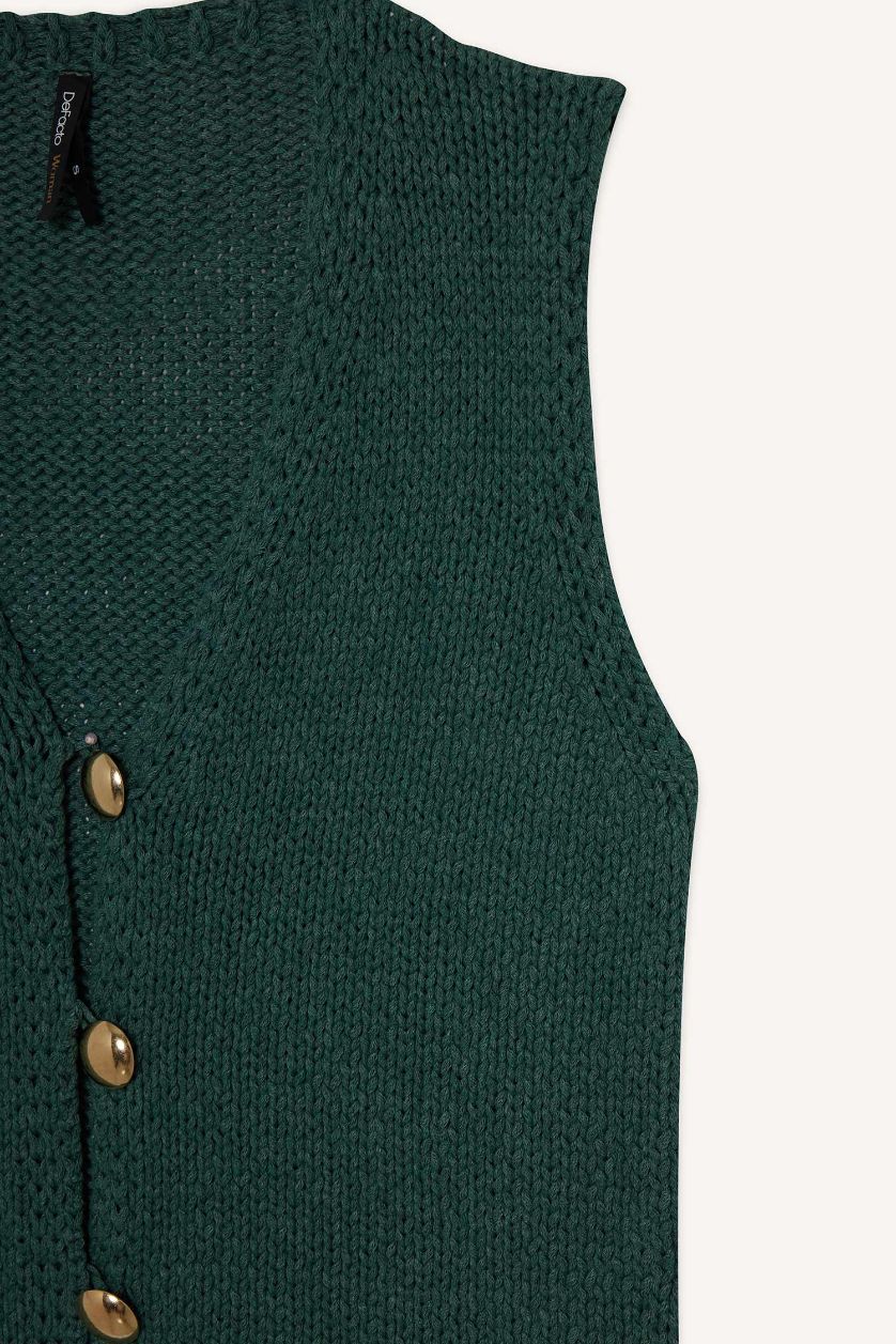 Kadın Yeşil Fitted V Yaka Düğmeli Süveter