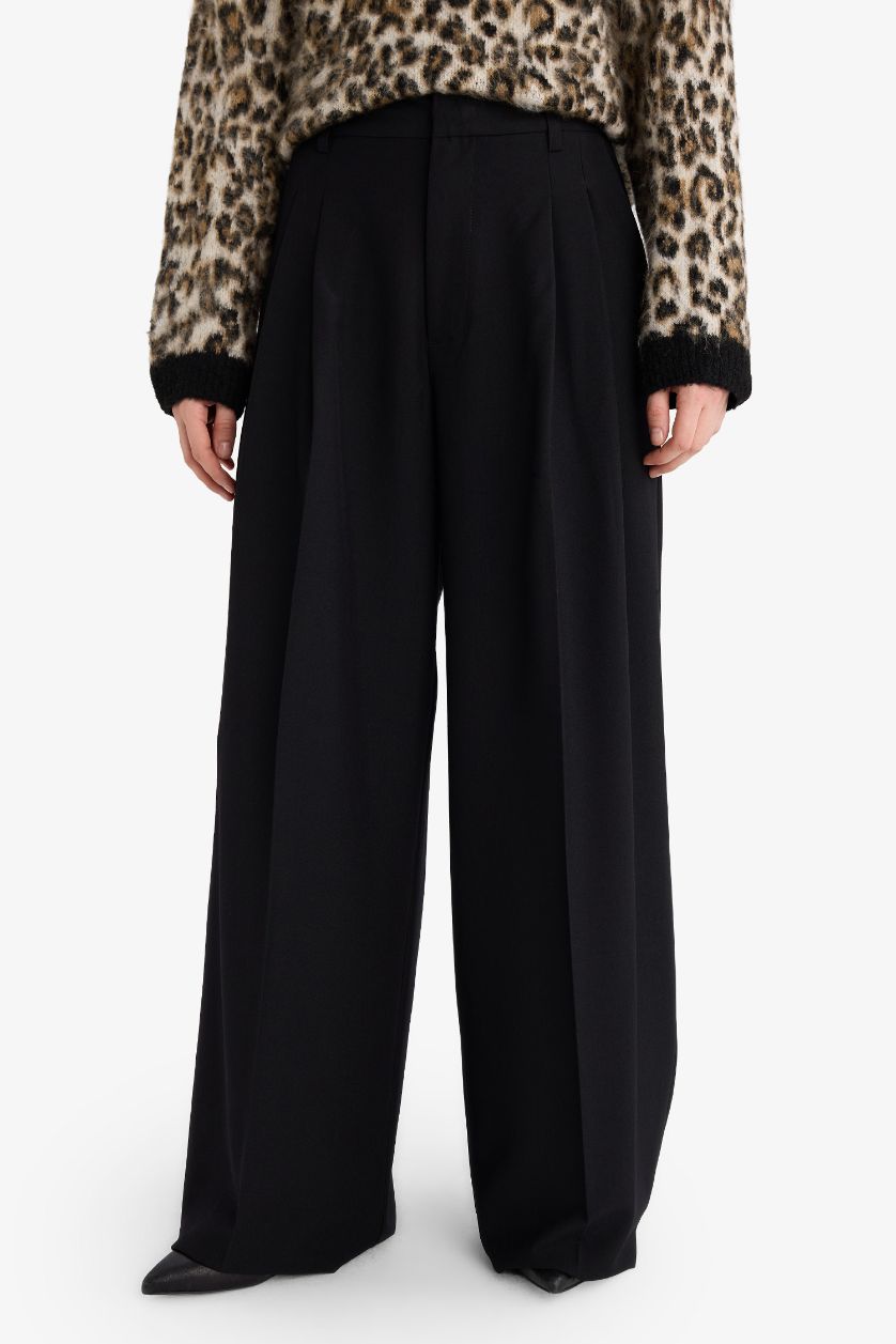 Әйелдерге қара Wide Leg жоғары белді қос қалталы ұзын шалбар