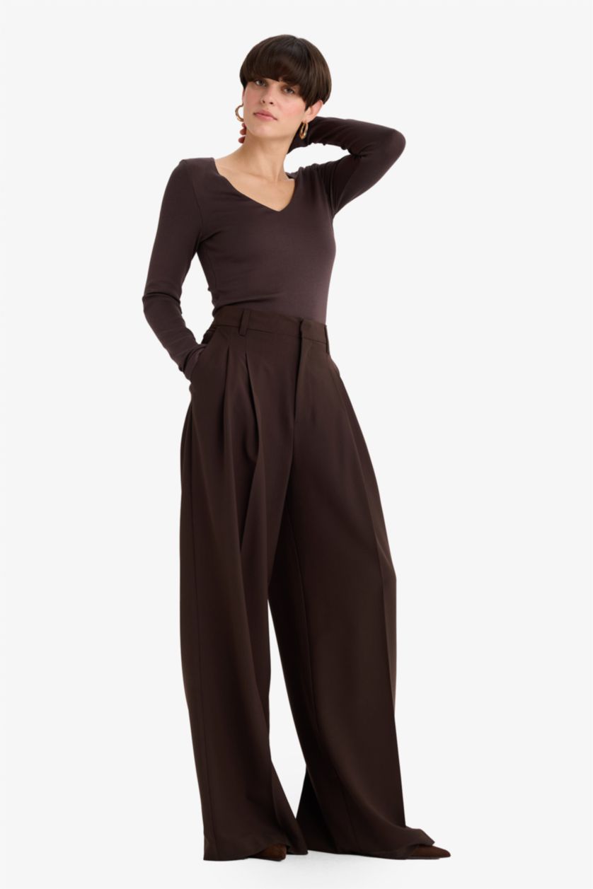 Әйелдерге Қою Қоңыр Wide Leg жоғары белді қос қалталы ұзын шалбар