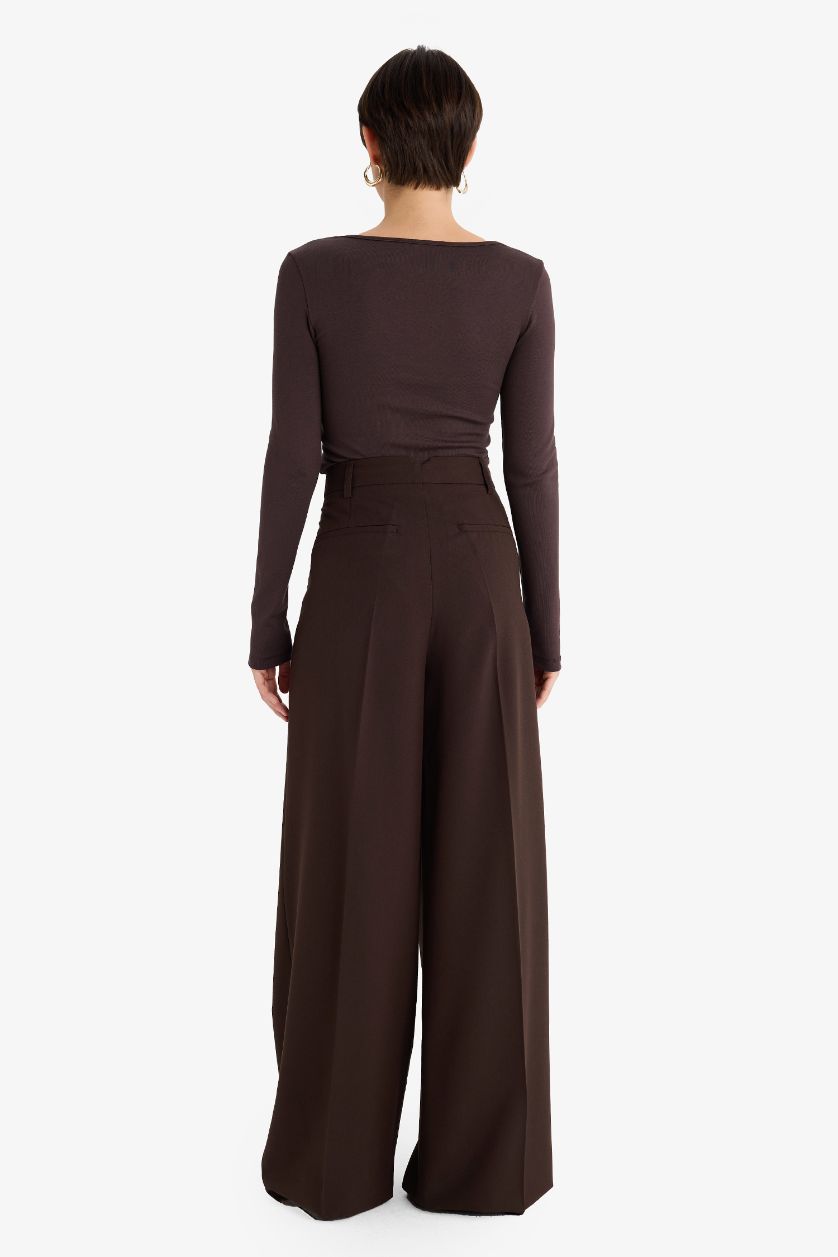 Әйелдерге Қою Қоңыр Wide Leg жоғары белді қос қалталы ұзын шалбар