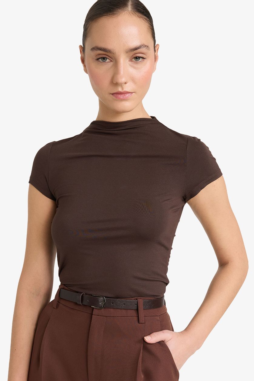 FEMME Marron T-shirt manches courtes à demi-col montant Coupe slim