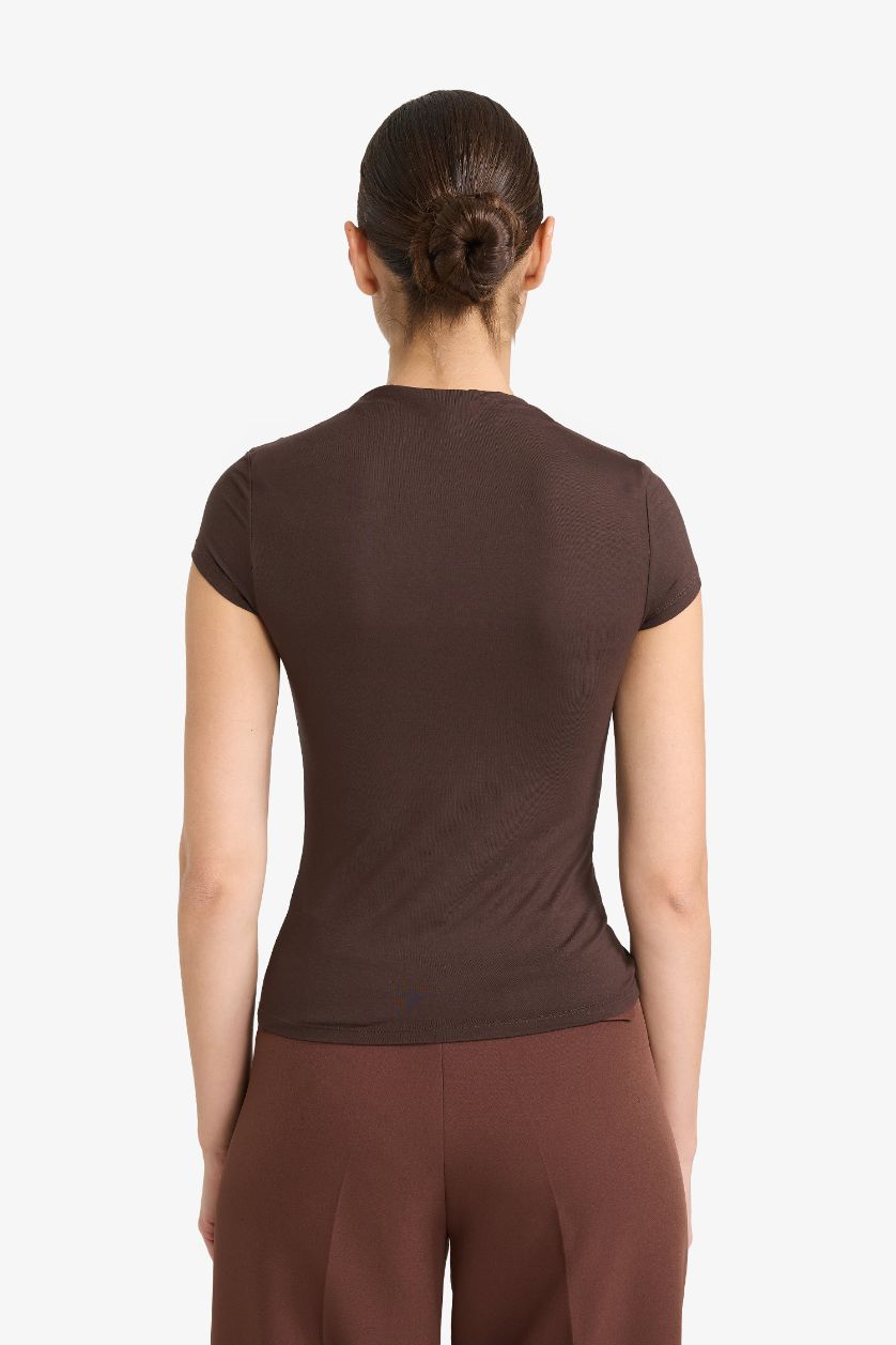 FEMME Marron T-shirt manches courtes à demi-col montant Coupe slim