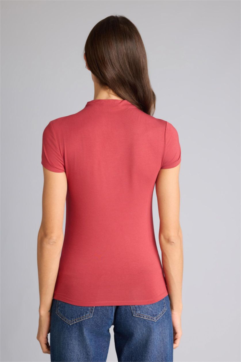 Женщины Бордовый Футболка Slim Fit с воротником-стойкой и коротким рукавом