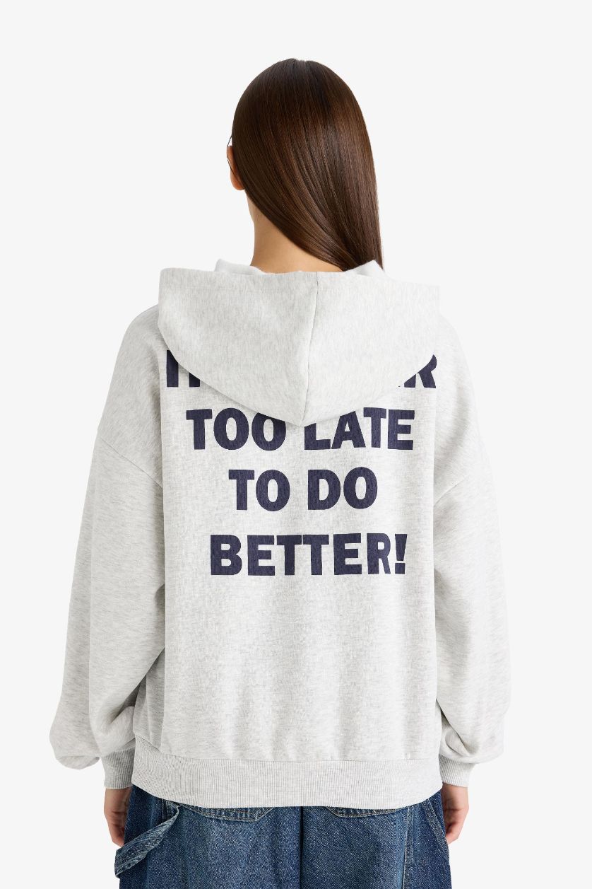 Kadın Açık Gri Melange Overshirt Fit Kapüşonlu Sırt Baskılı Kalın Sweatshirt