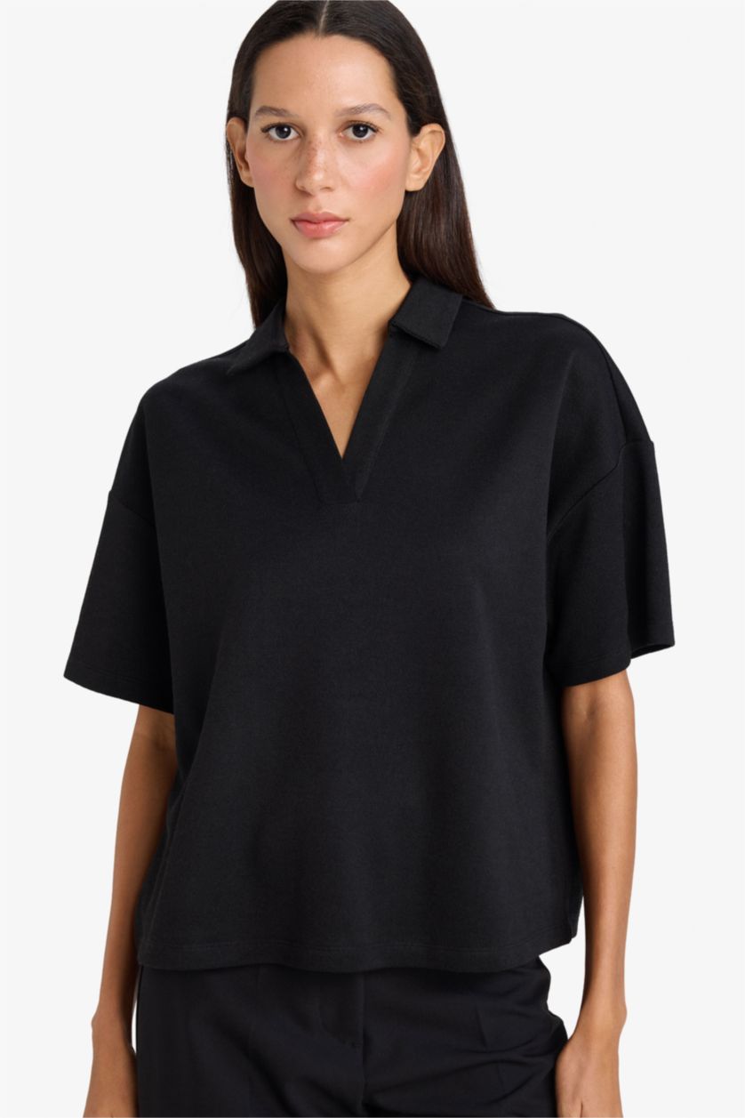 نساء أسود Relax Fit Pique Short Sleeves Polo T-shirt