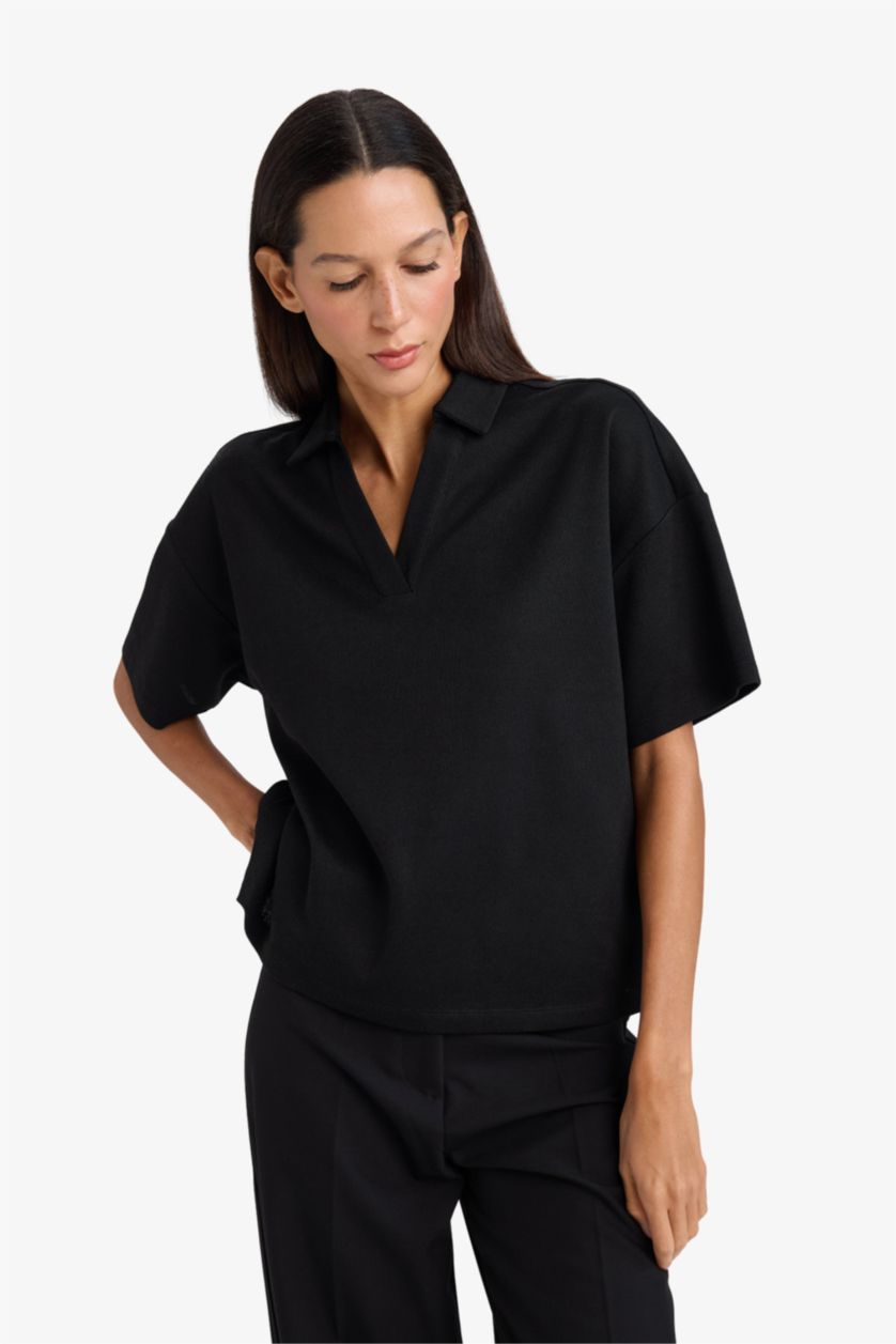 نساء أسود Relax Fit Pique Short Sleeves Polo T-shirt