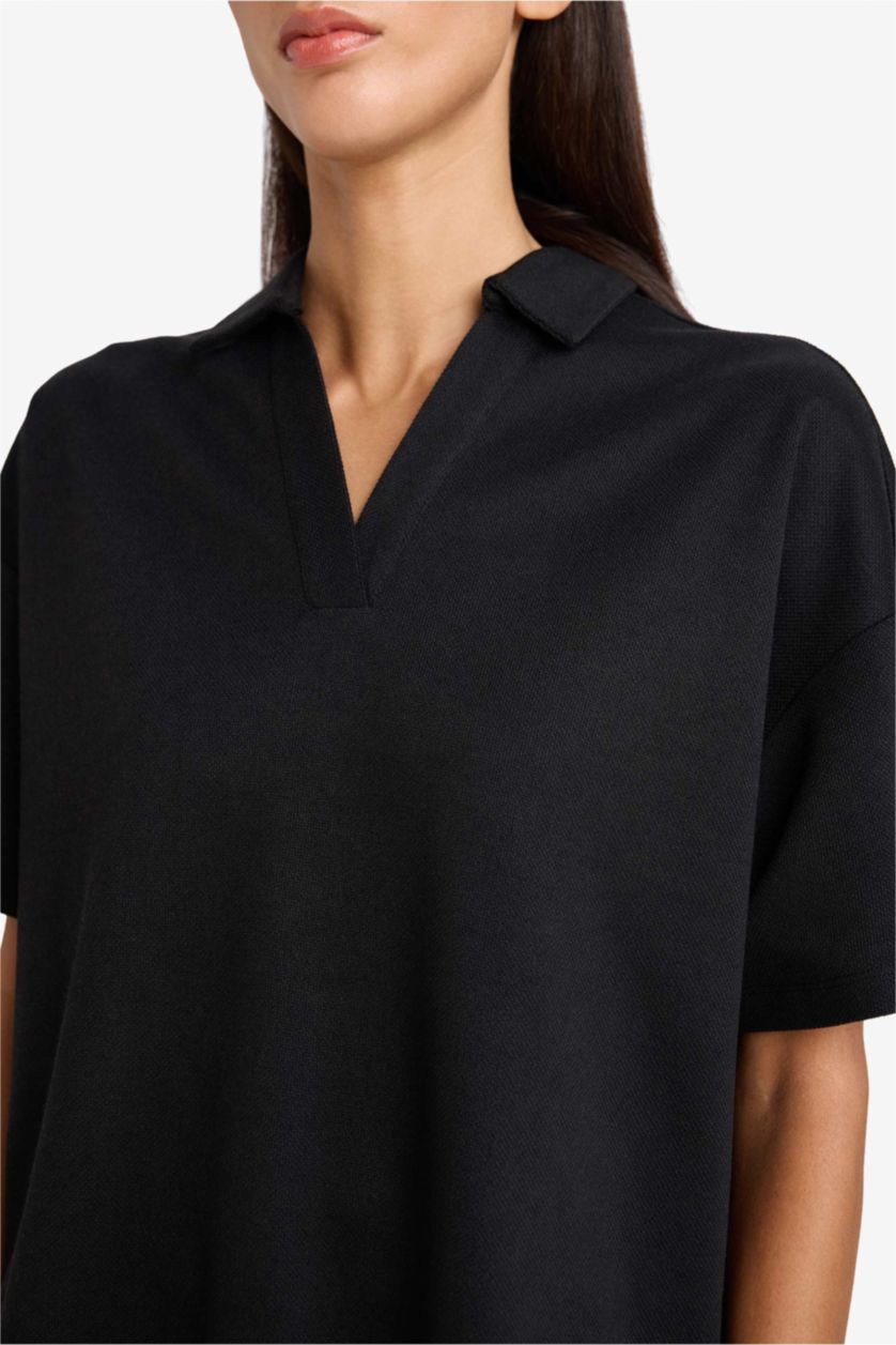 نساء أسود Relax Fit Pique Short Sleeves Polo T-shirt