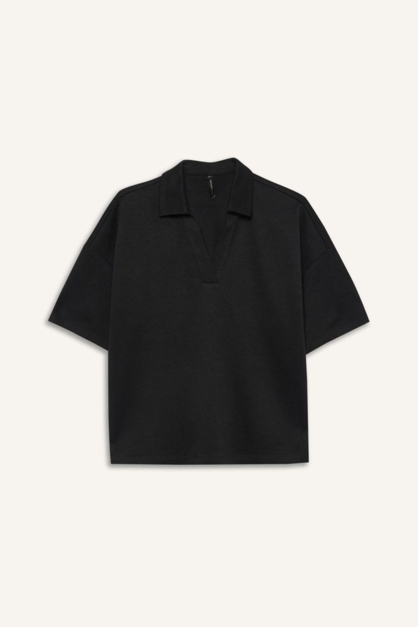 نساء أسود Relax Fit Pique Short Sleeves Polo T-shirt