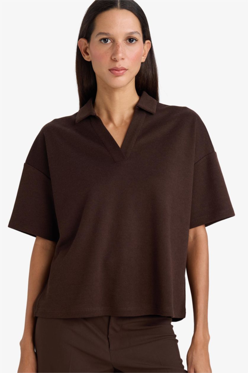 WOMAN Brown Relax Fit Pique Short Sleeves Polo T-shirt