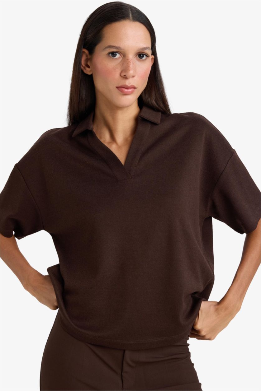WOMAN Brown Relax Fit Pique Short Sleeves Polo T-shirt