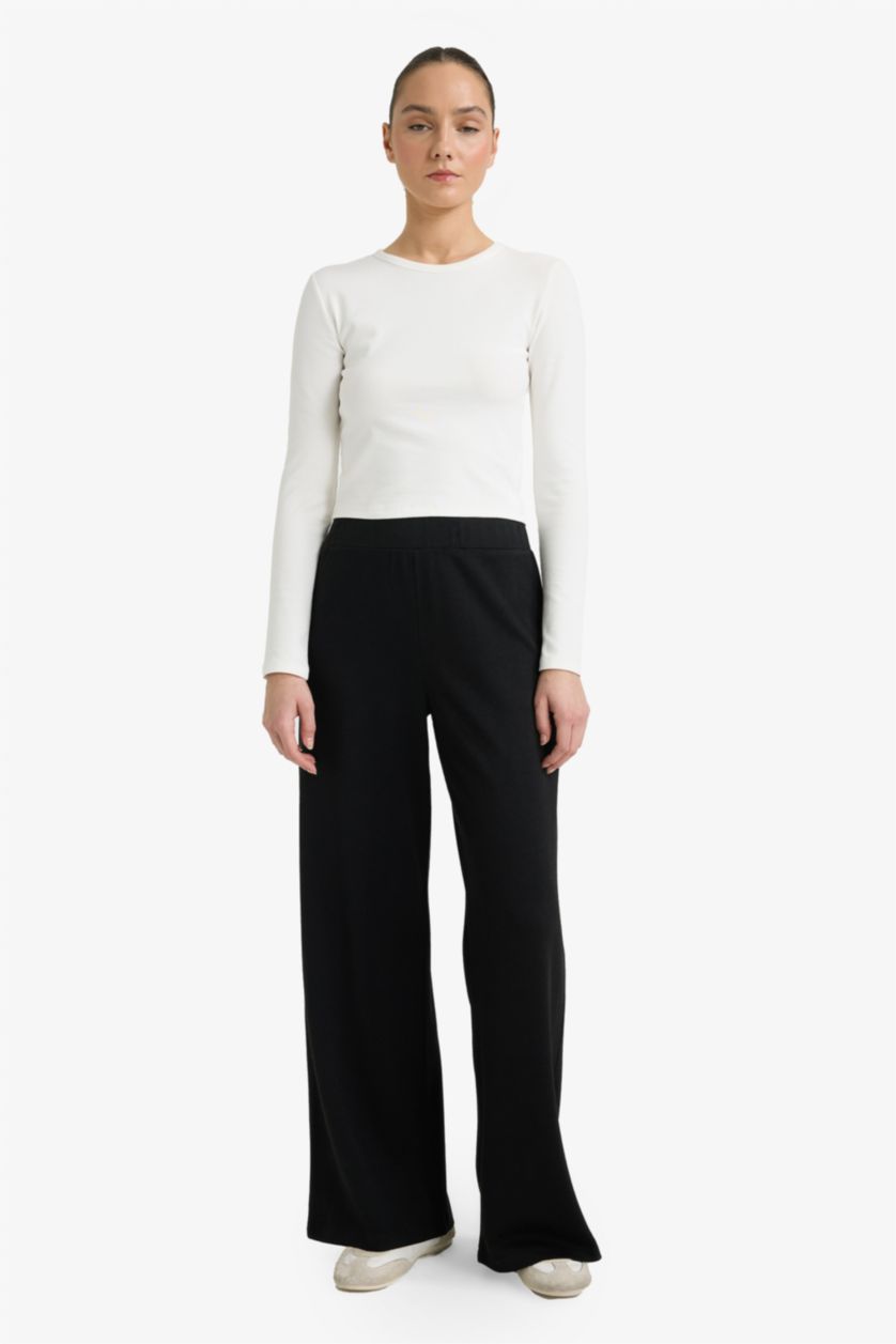 FEMME Noir Pantalon en piqué à jambes larges