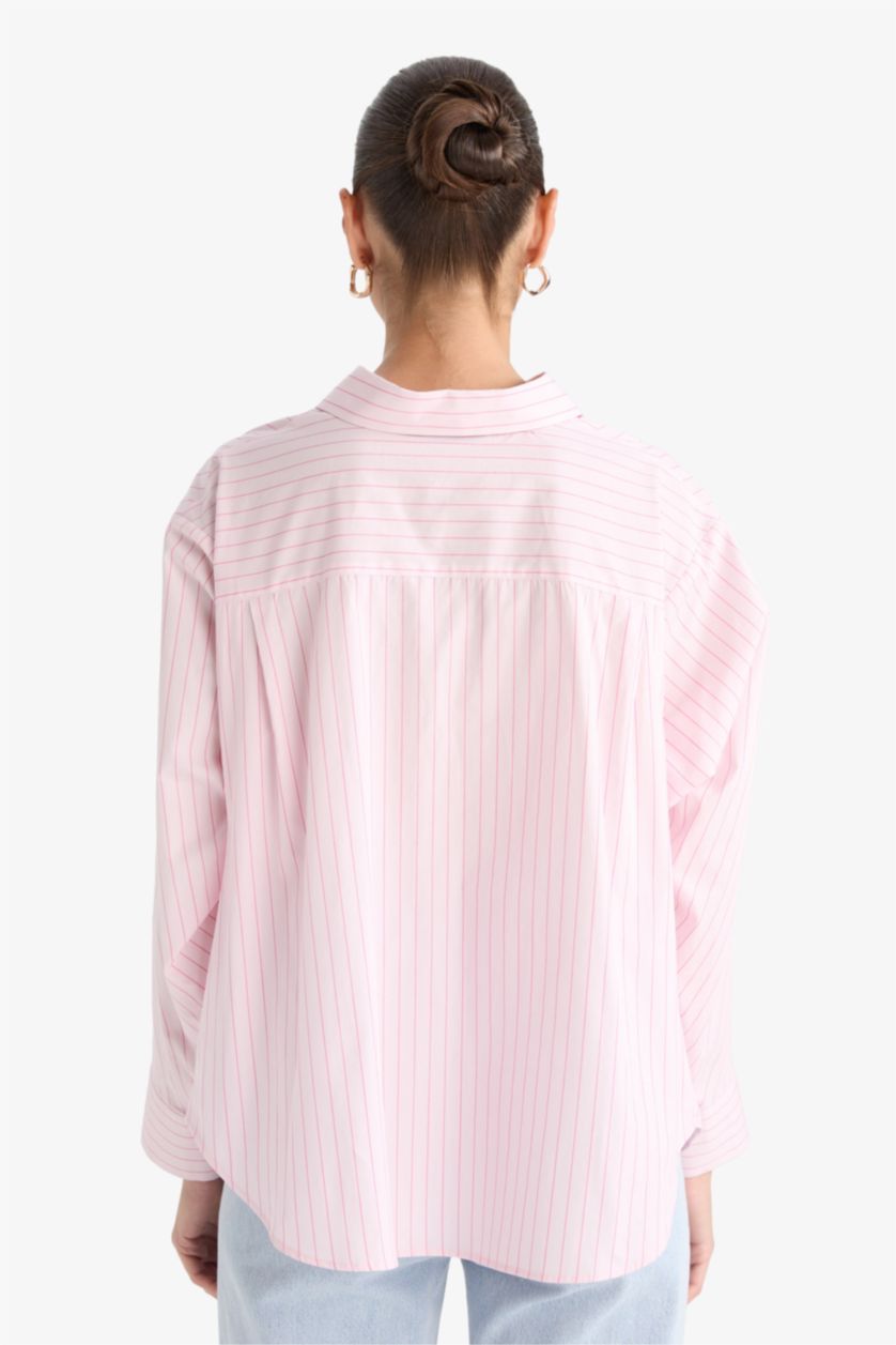 Kadın Açık Pembe Overshirt Fit Çizgili Poplin Uzun Kollu Gömlek