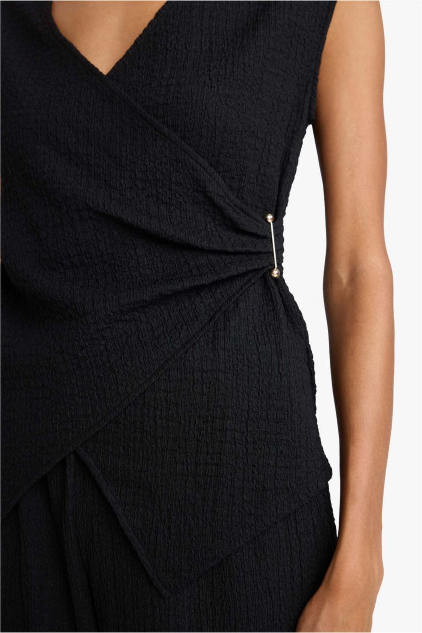 Женщины Черный Футболка Slim Fit из ткани букле с запахом и коротким рукавом