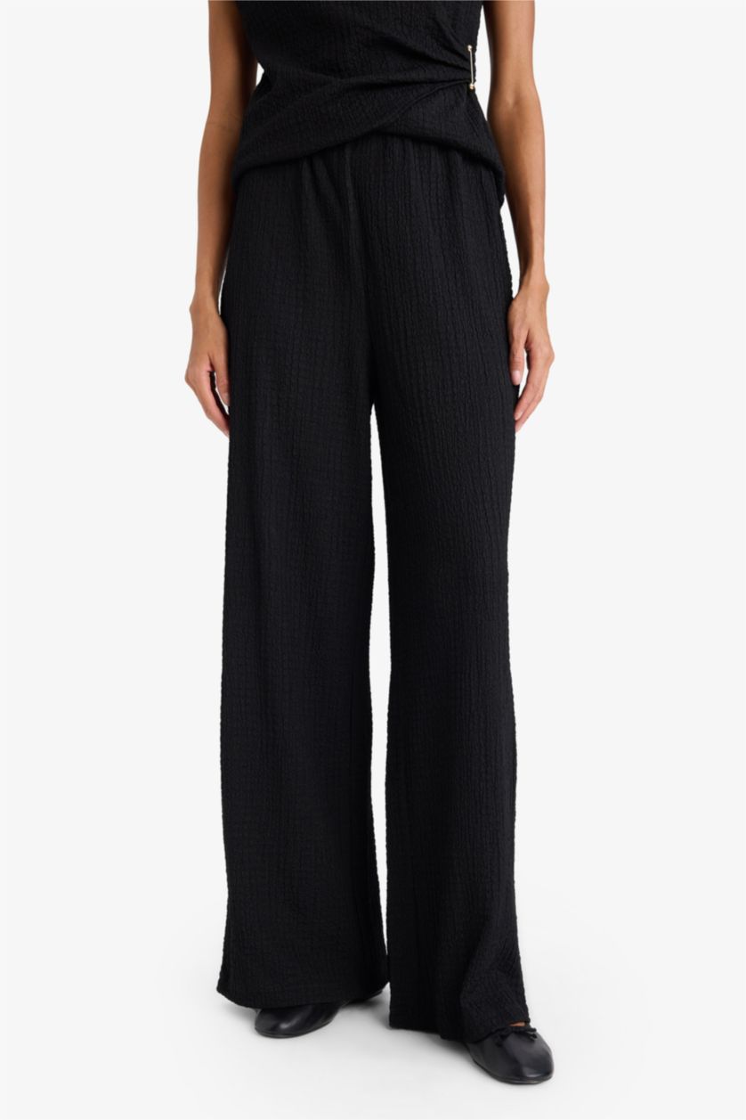 WOMAN Black Wide Leg Waffle Trousers