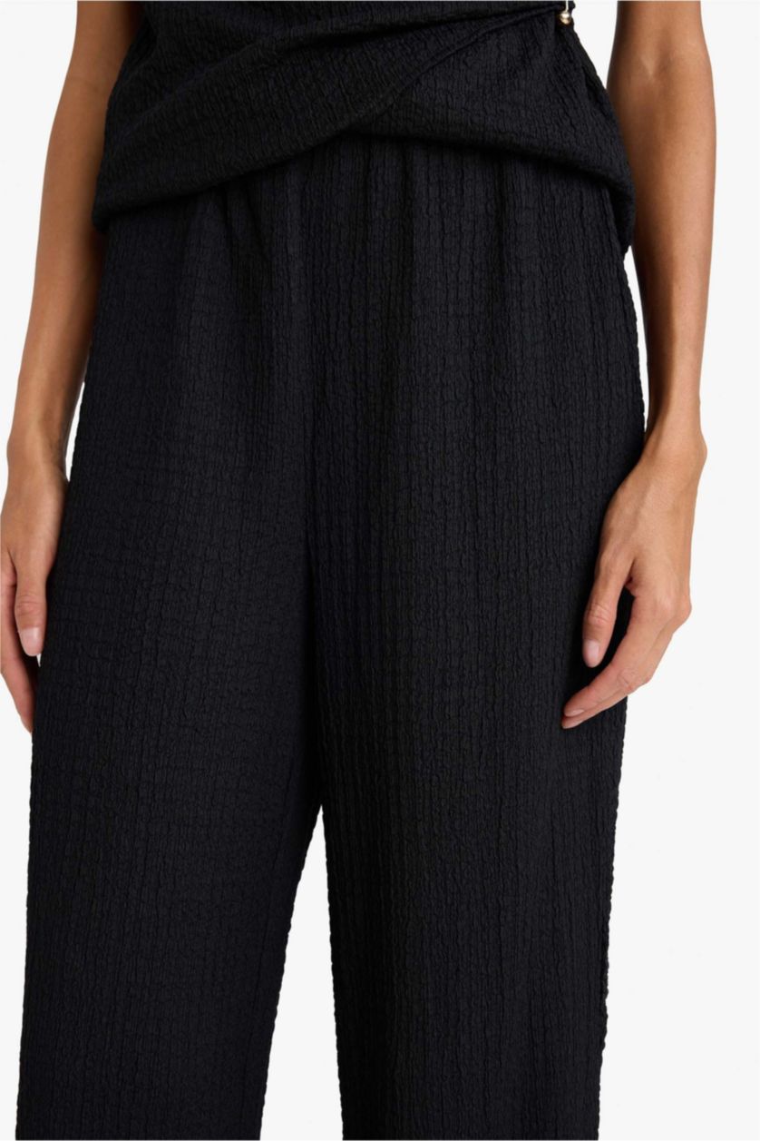 WOMAN Black Wide Leg Waffle Trousers