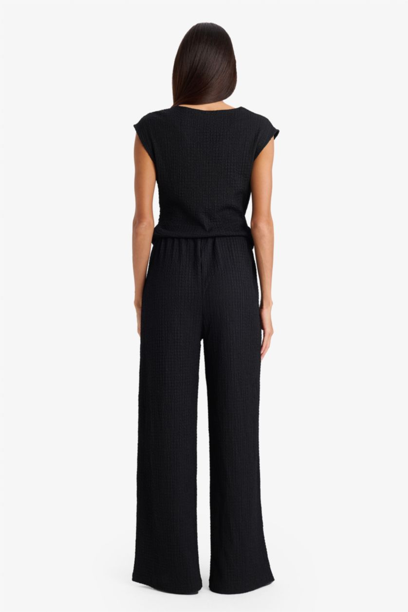 WOMAN Black Wide Leg Waffle Trousers
