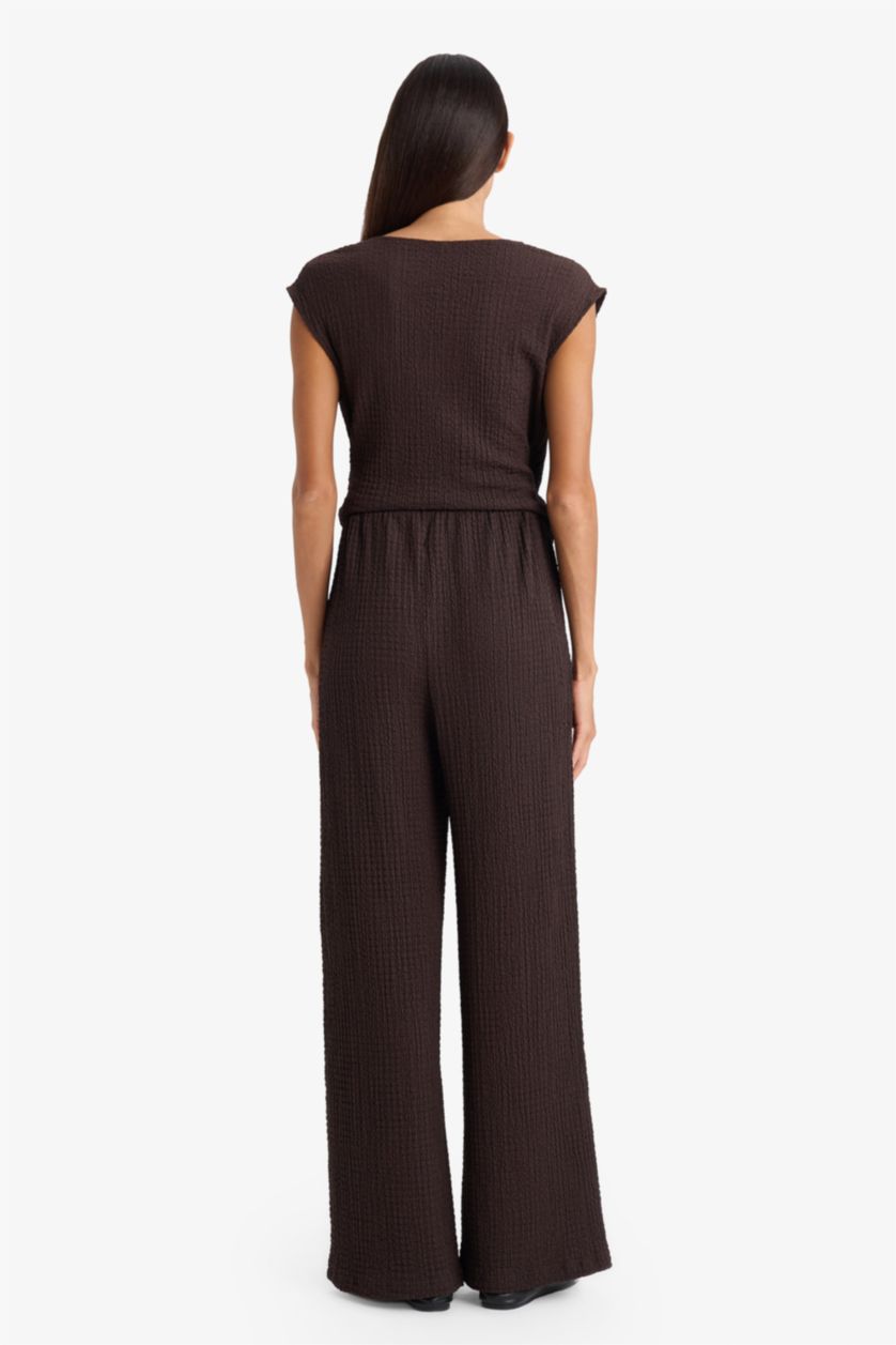 نساء بني سروال القماش المنسوج وايد ليج