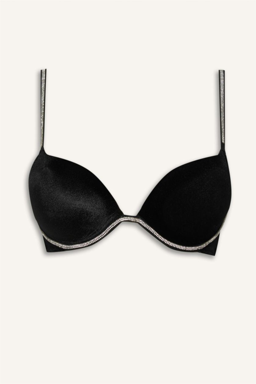 Woman Black Velvet Lined Full Push Up Underwired T-Shirt Bra
