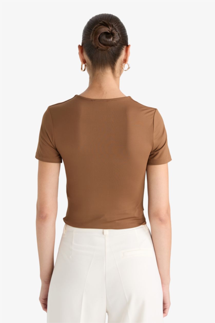 Әйелдерге Қоңыр Футболка с круглым вырезом и коротким рукавом