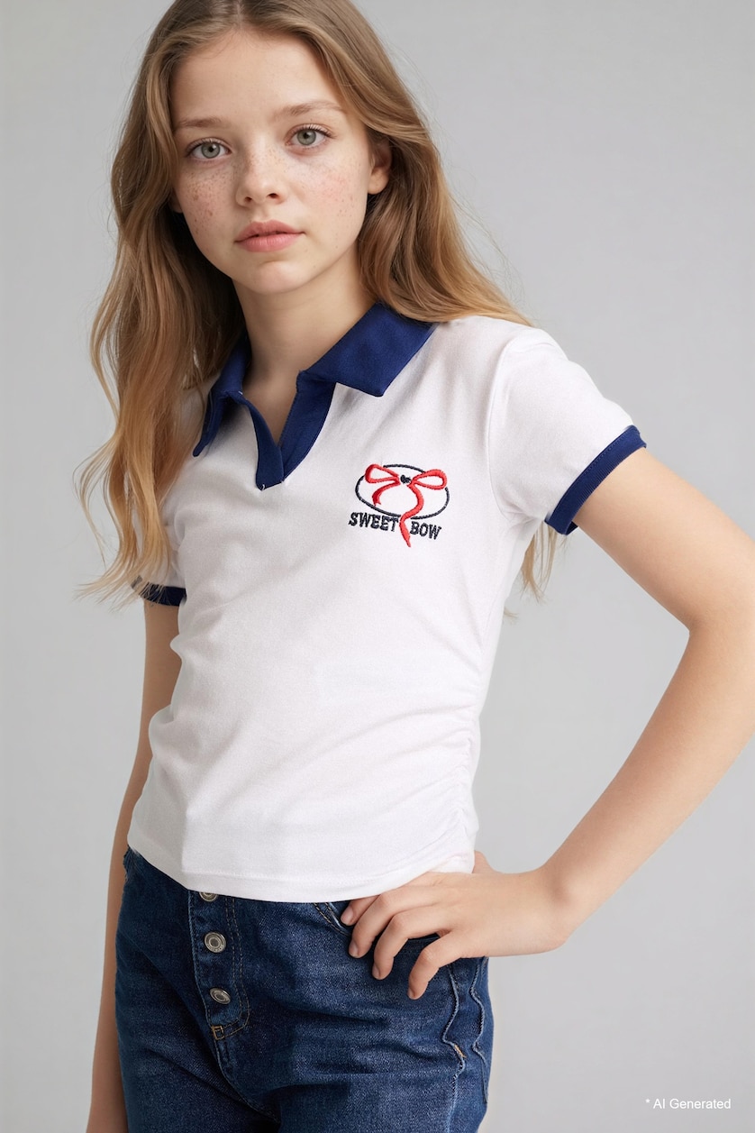 بنات أبيض Girl Slim Fit Polo Collar Printed T-Shirt