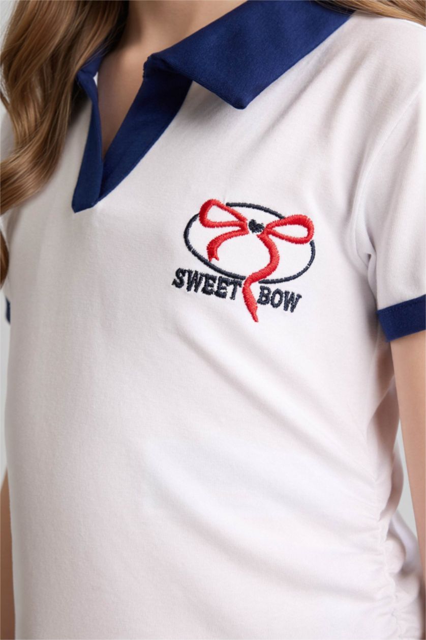 بنات أبيض تيشيرت بولو بناتي سليم فيت وطبعة شعار