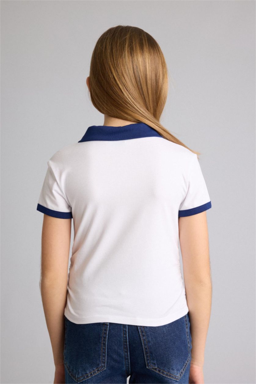 بنات أبيض تيشيرت بولو بناتي سليم فيت وطبعة شعار