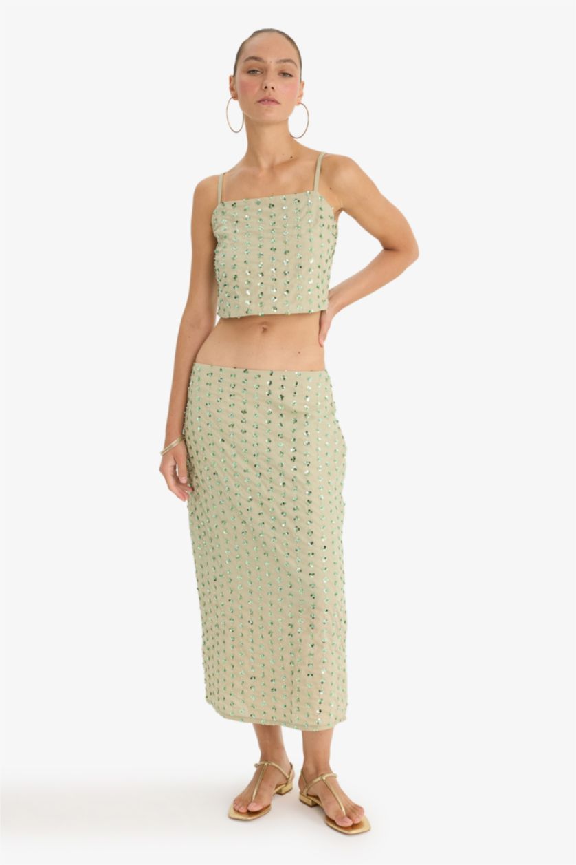 Kadın Açık Haki Kalem Normal Bel Astarlı Taş İşlemeli Vual Midi Etek