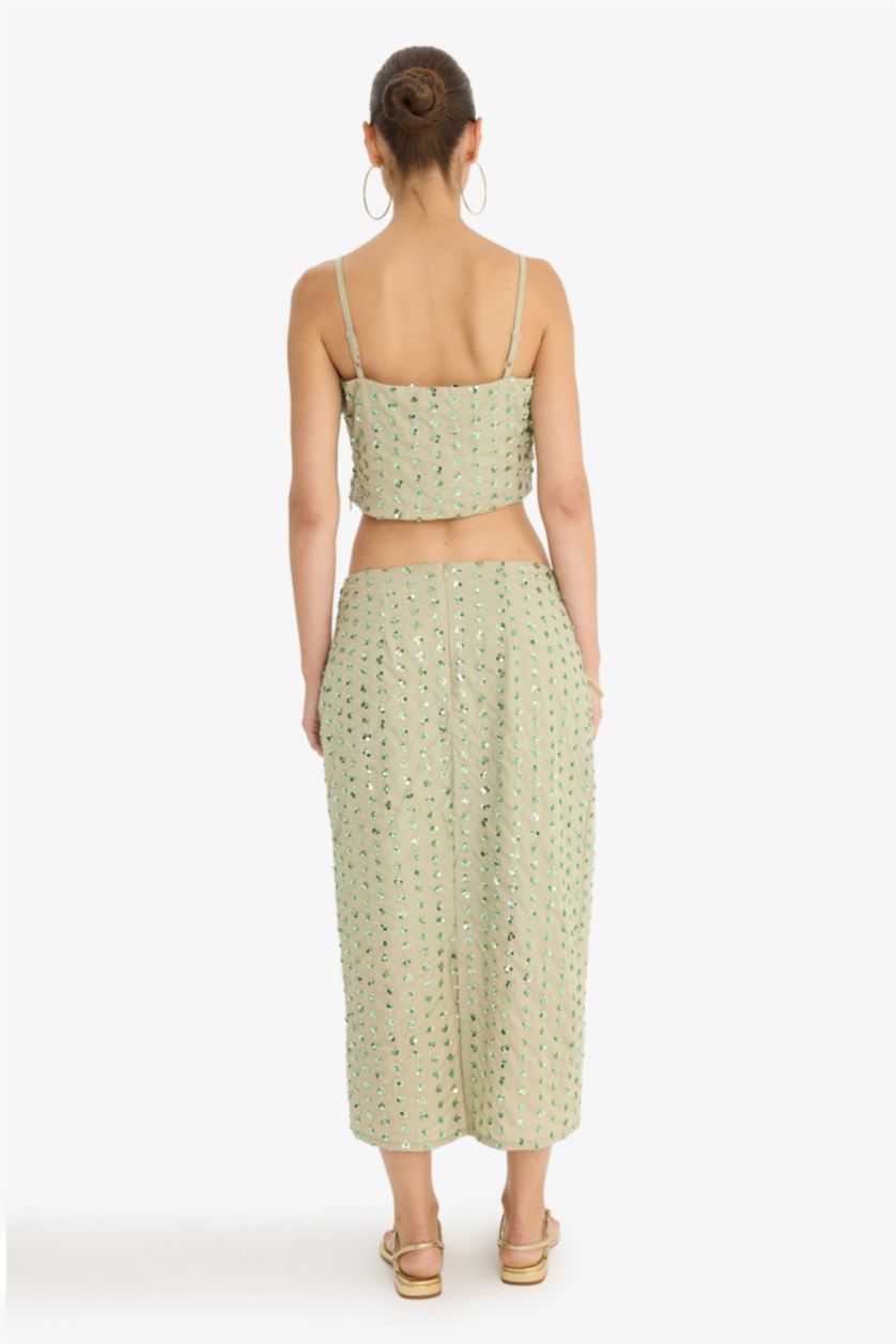 Kadın Açık Haki Kalem Normal Bel Astarlı Taş İşlemeli Vual Midi Etek