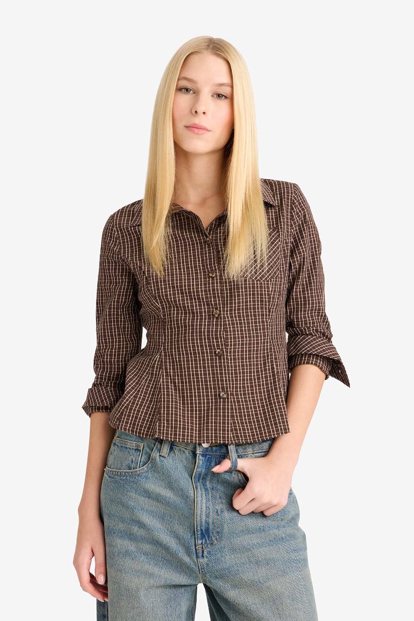 Kadın Kahve Fitted Poplin Uzun Kollu Gömlek