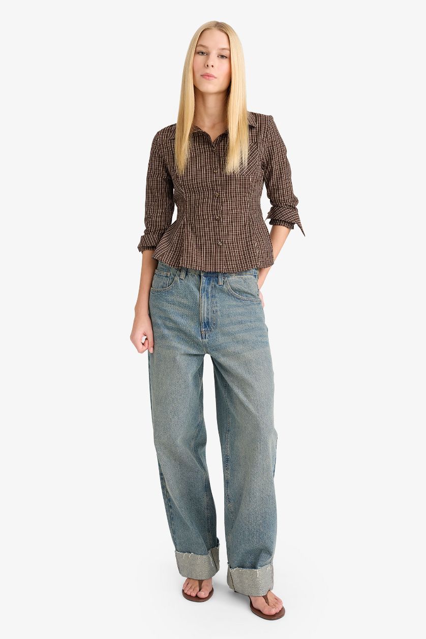 Kadın Kahve Fitted Poplin Uzun Kollu Gömlek