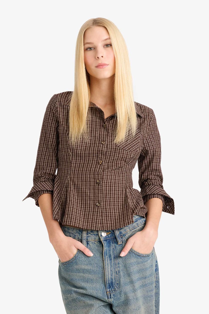 Kadın Kahve Fitted Poplin Uzun Kollu Gömlek