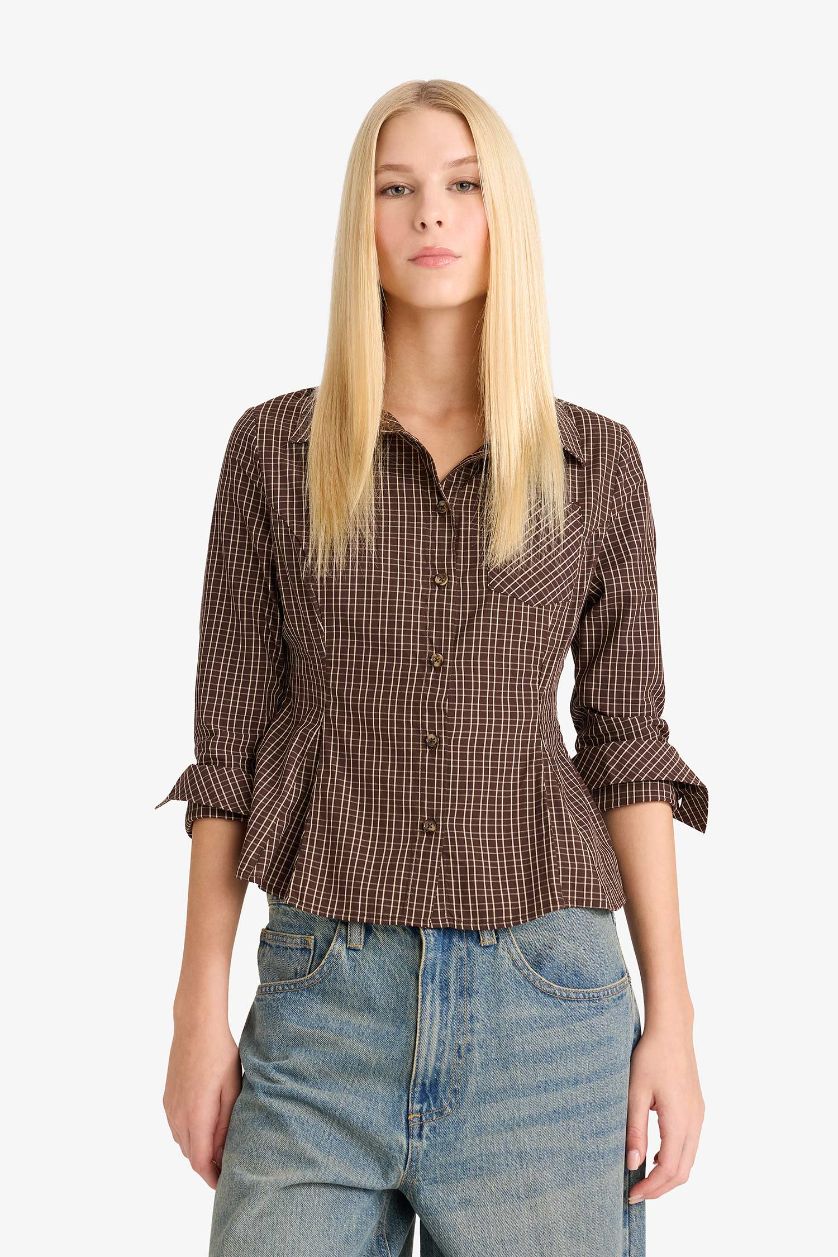 Kadın Kahve Fitted Poplin Uzun Kollu Gömlek