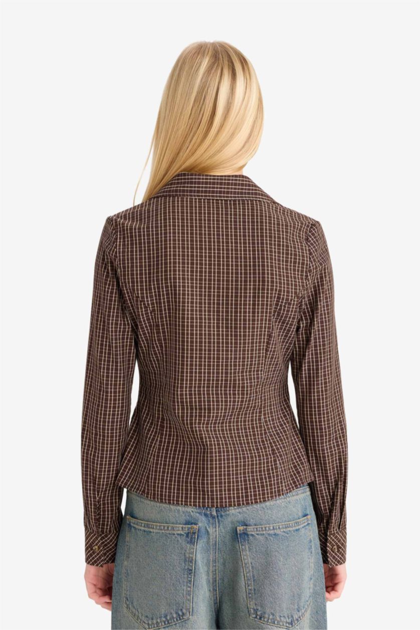 Kadın Kahve Fitted Poplin Uzun Kollu Gömlek