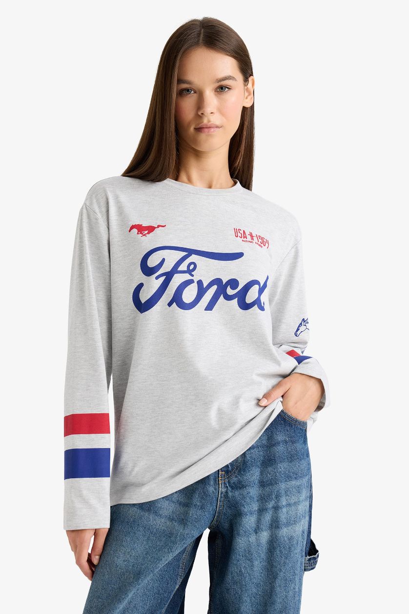 Kadın Açık Gri Melange Ford Motor Company Oversize Geniş Kalıp Bisiklet Yaka Uzun Kollu Tişört