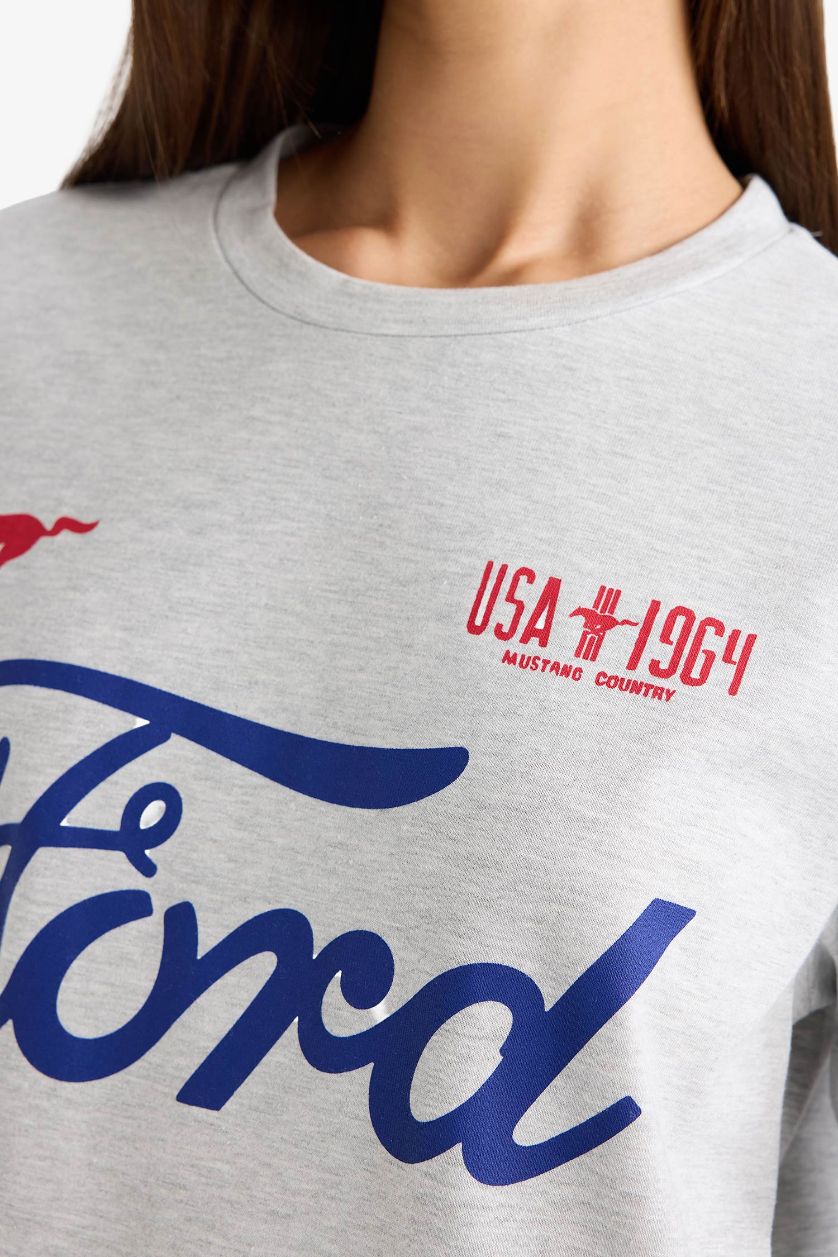 Kadın Açık Gri Melange Ford Motor Company Oversize Geniş Kalıp Bisiklet Yaka Uzun Kollu Tişört