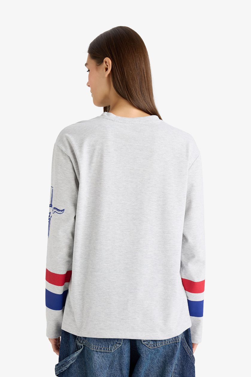 Kadın Açık Gri Melange Ford Motor Company Oversize Geniş Kalıp Bisiklet Yaka Uzun Kollu Tişört