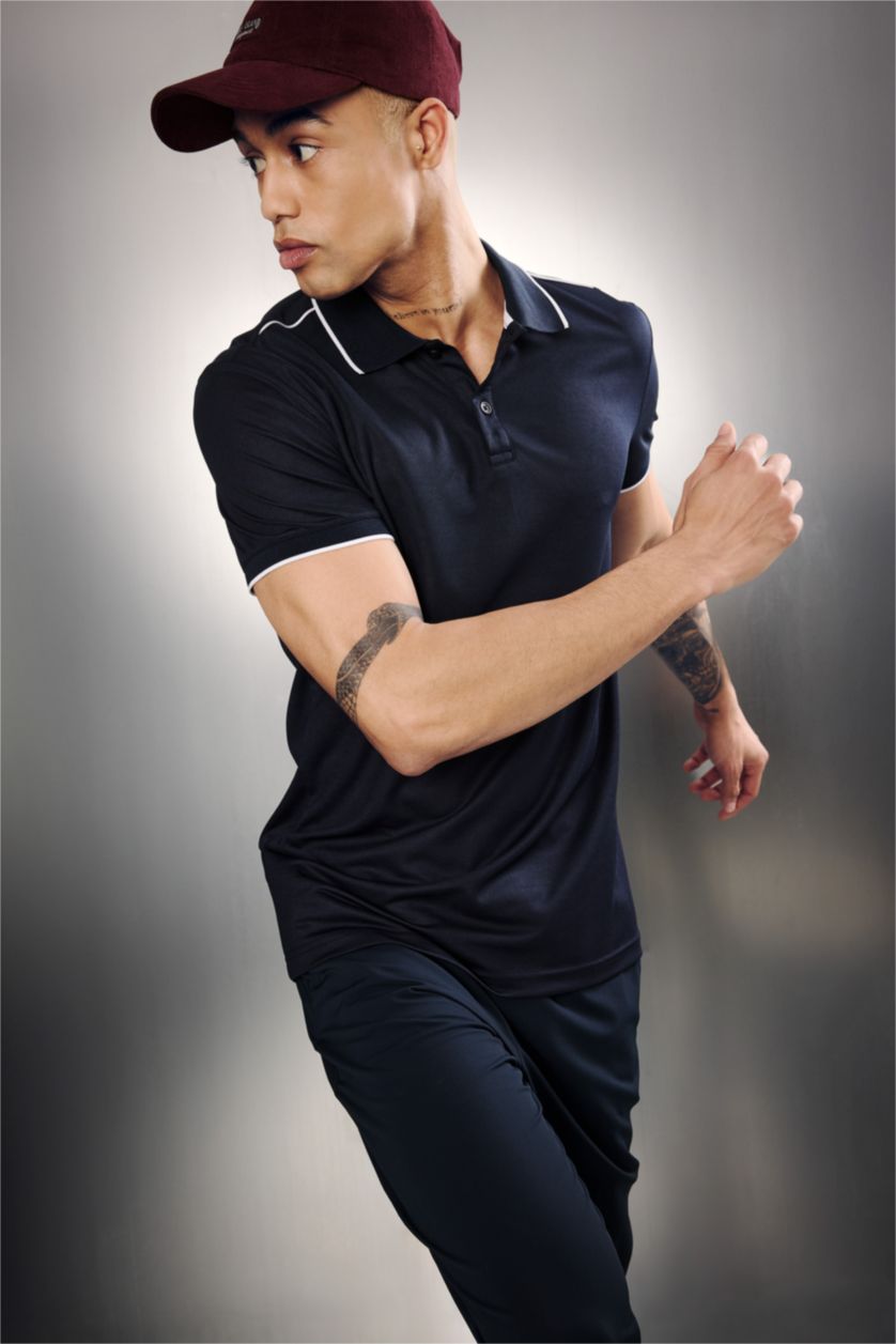 Erkek Lacivert Slım Fıt Kısa Kollu Polo Tişört