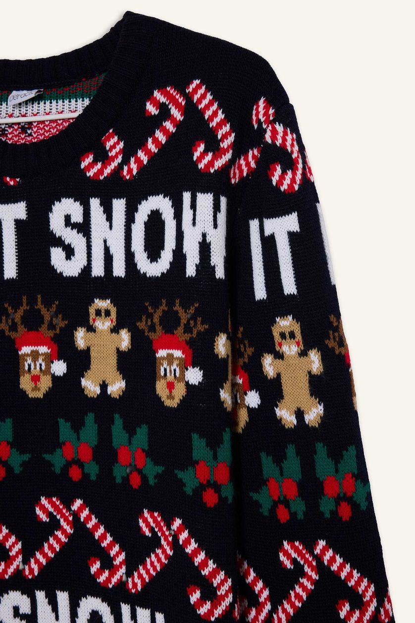 رجال كحلي بلوز تريكو قصة عادية بطبعة كريسماس