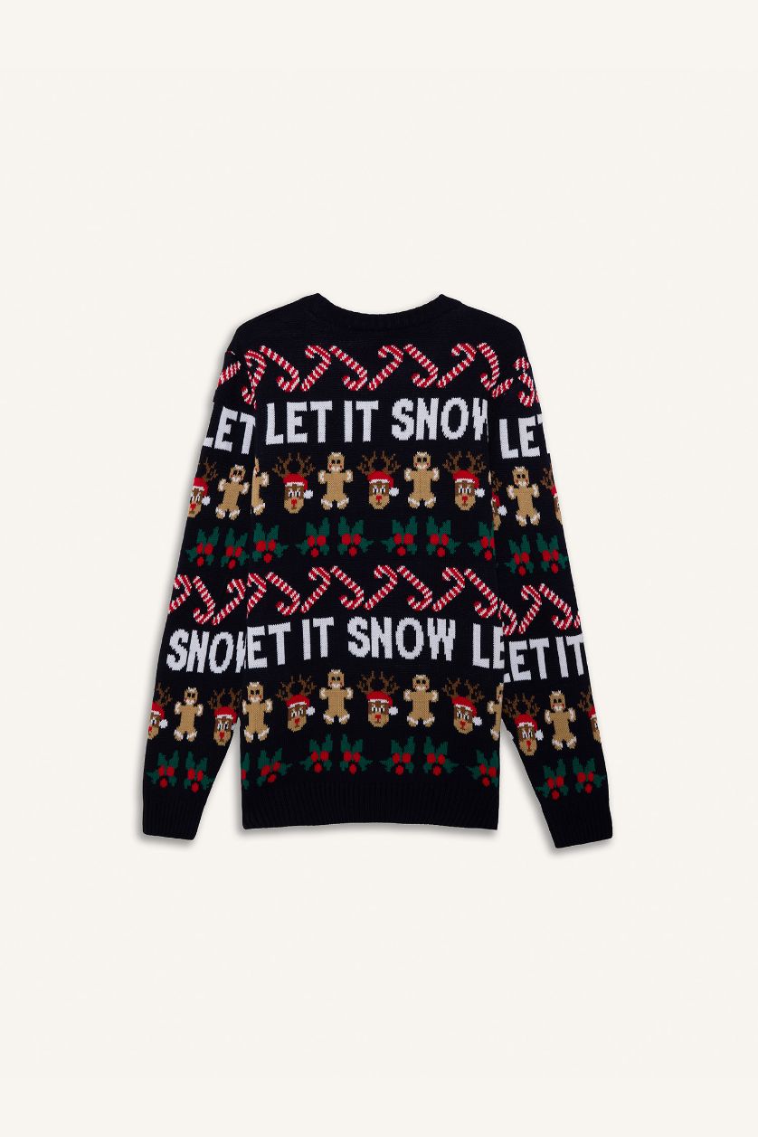 رجال كحلي بلوز تريكو قصة عادية بطبعة كريسماس