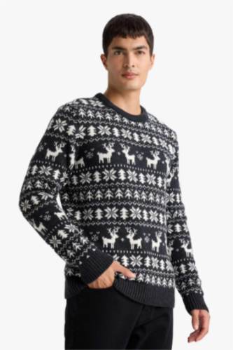 HOMME Anthracite Pull de Noël en maille à motifs