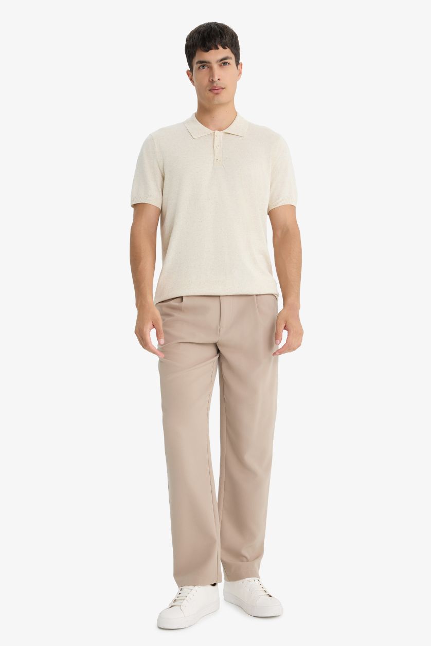 Erkek Açık Bej Melanj Standart Fit Düğmeli Polo Yaka Triko Kısa Kollu Tişört
