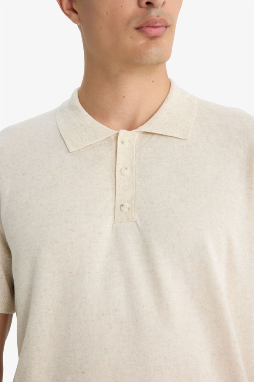 Erkek Açık Bej Melanj Standart Fit Düğmeli Polo Yaka Triko Kısa Kollu Tişört