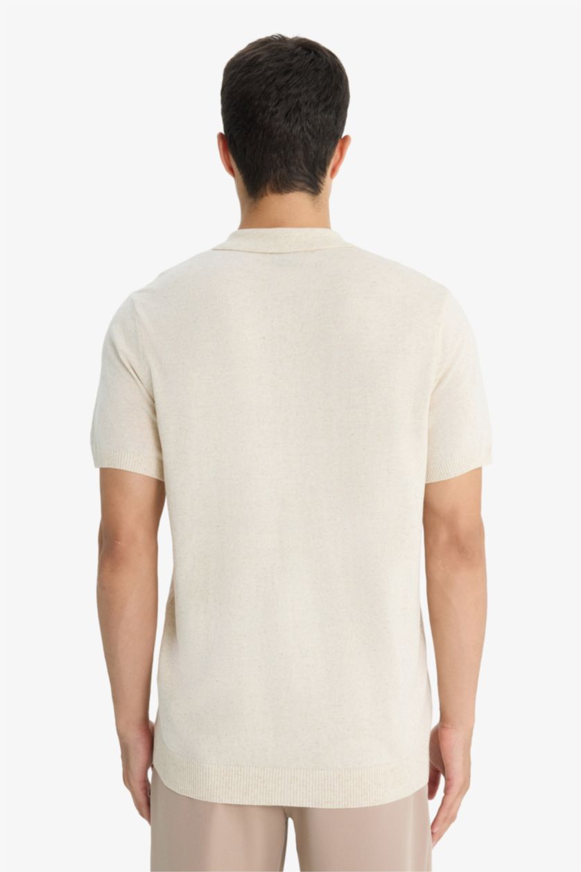 Erkek Açık Bej Melanj Standart Fit Düğmeli Polo Yaka Triko Kısa Kollu Tişört