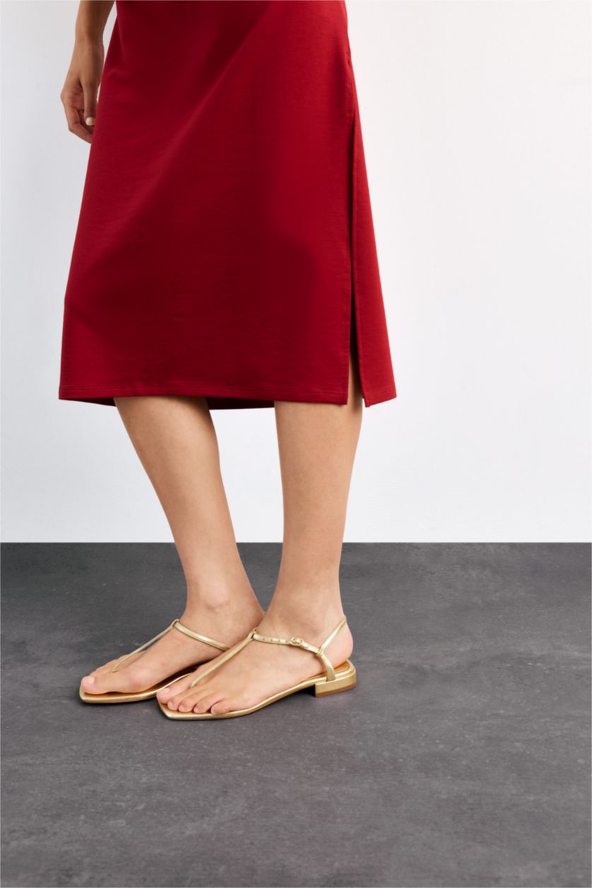 Kadın Kırmızı Bisiklet Yaka Basic Düz Kısa Kollu Midi Elbise