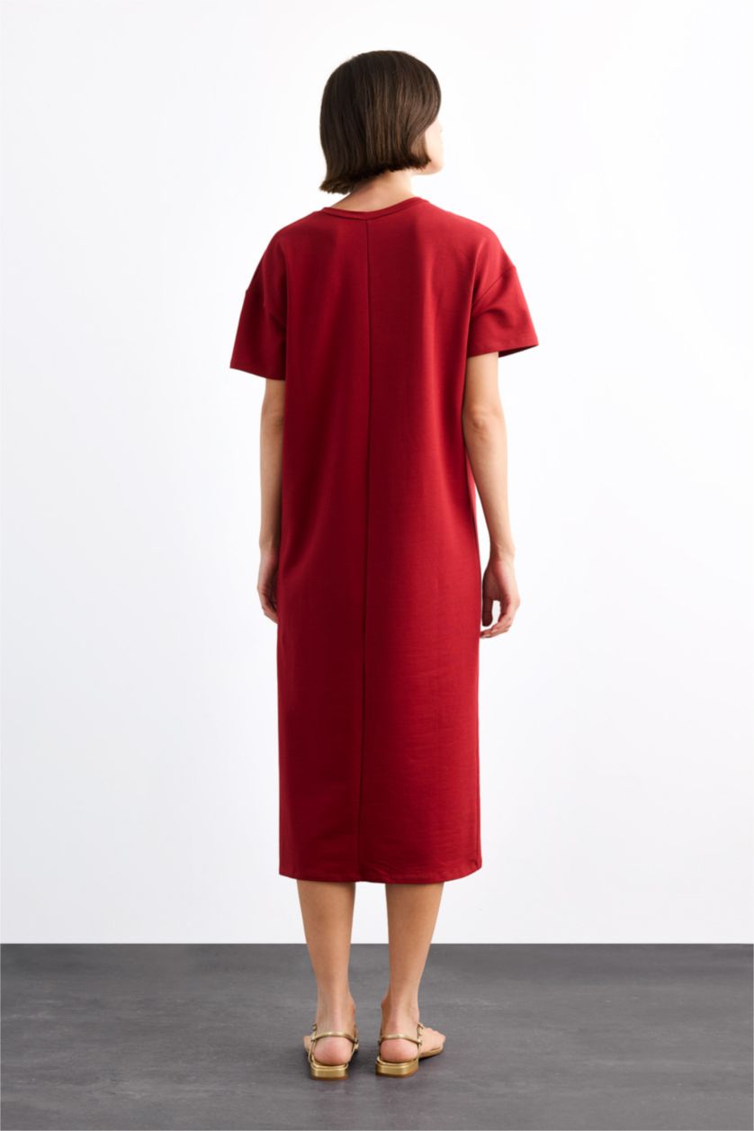 Kadın Kırmızı Bisiklet Yaka Basic Düz Kısa Kollu Midi Elbise