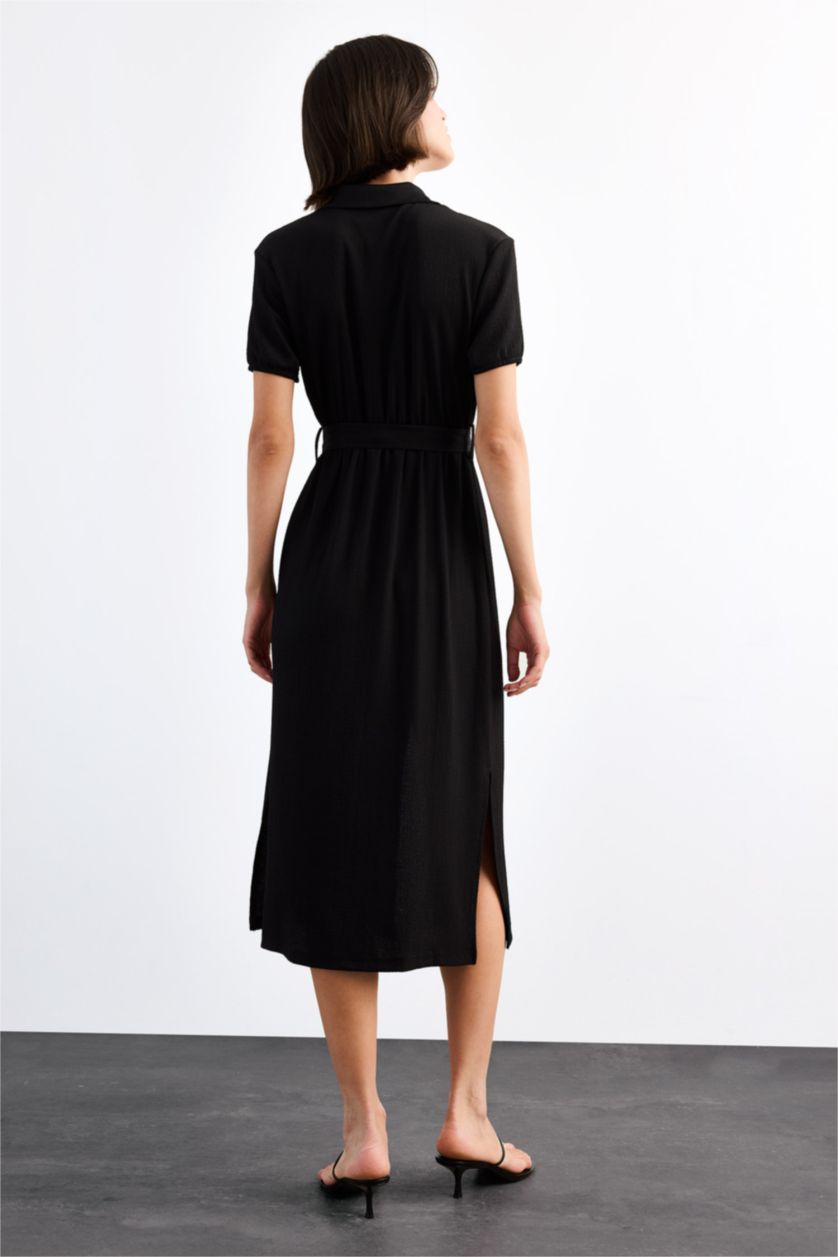 Kadın Siyah Gömlek Yaka Kemerli Kısa Kollu Midi Elbise