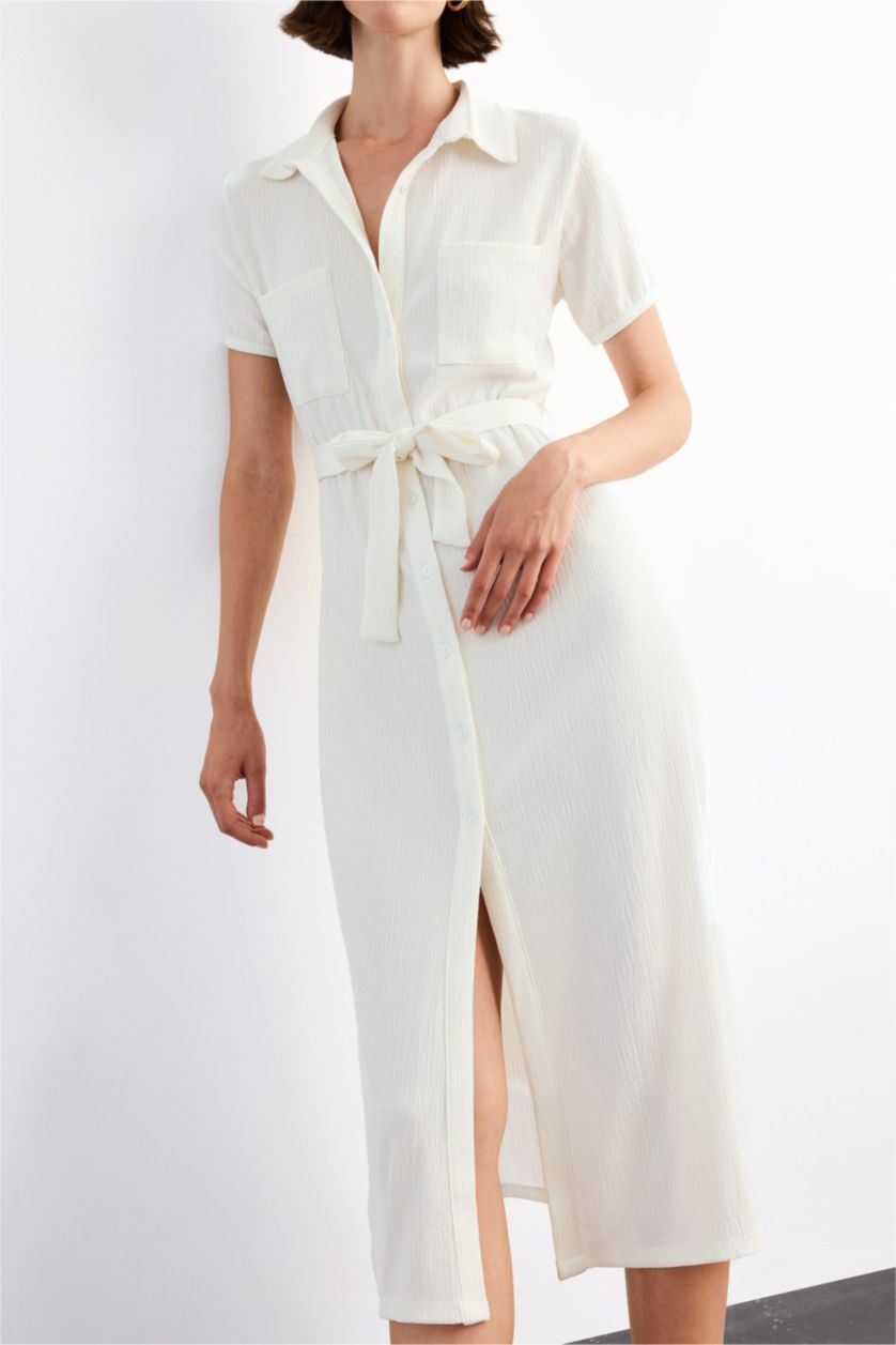 Kadın Ekru Gömlek Yaka Kemerli Kısa Kollu Midi Elbise 