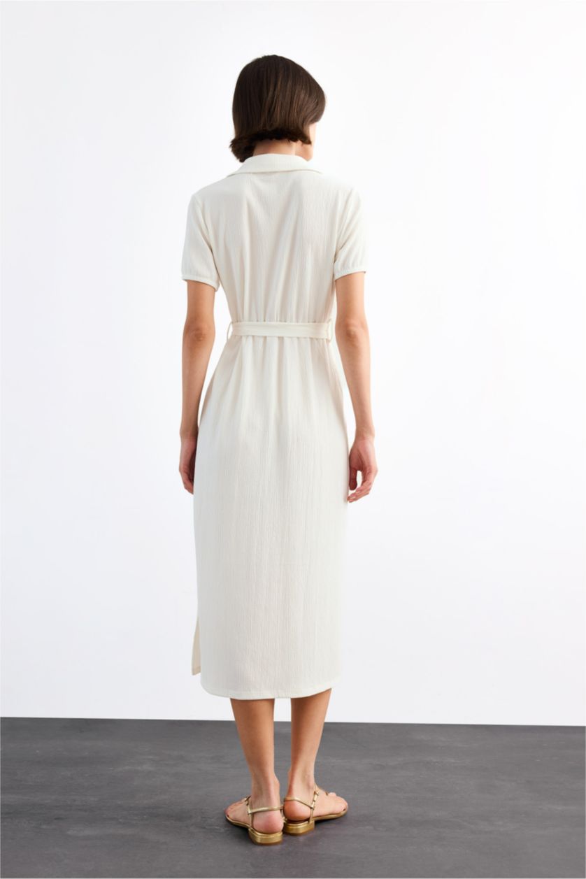 Kadın Ekru Gömlek Yaka Kemerli Kısa Kollu Midi Elbise 