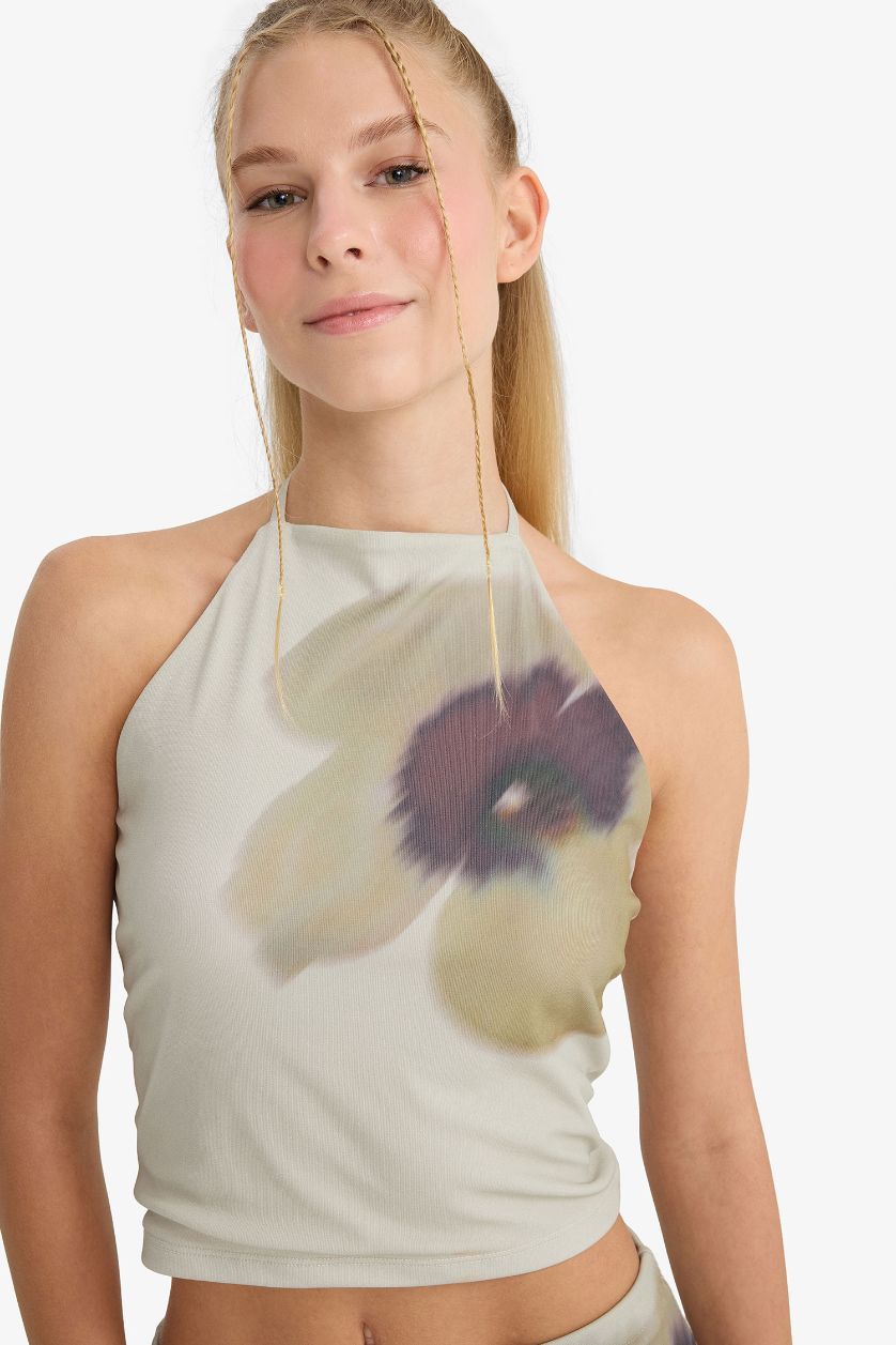 حريمي كاكي بلوزة تول فلورال سليم فيت مطبوع بياقة هالتر